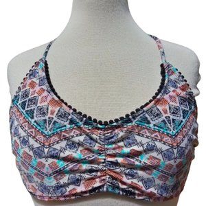 Endless Sun Boho Bikini Top Pom Pom Hem Tie Back Stretch Swim